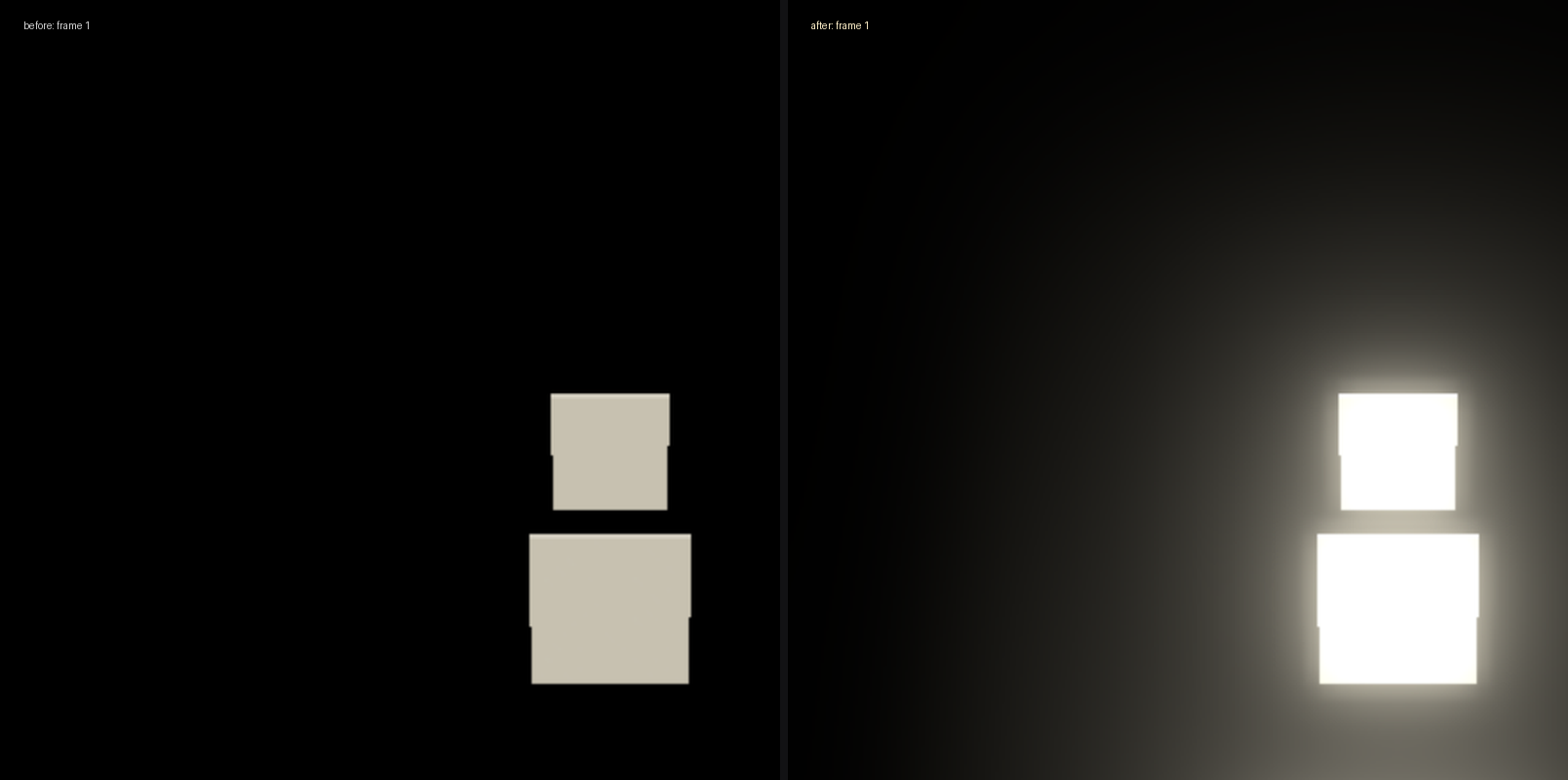 Bloom on frame 1: before (left, no halo) vs after (right, glowing)
