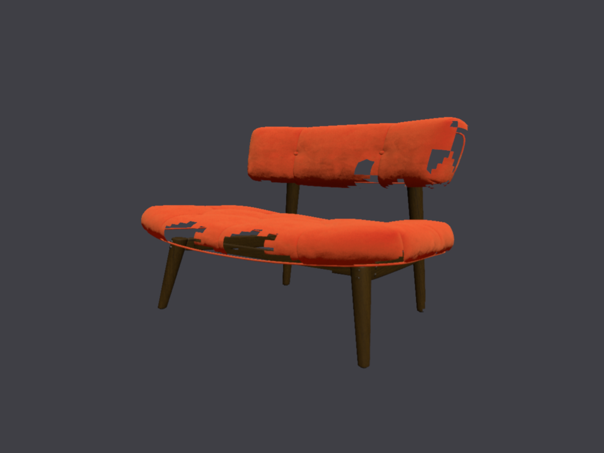 The same chair in v0.37.0, with blocky holes punched through the seat and backrest