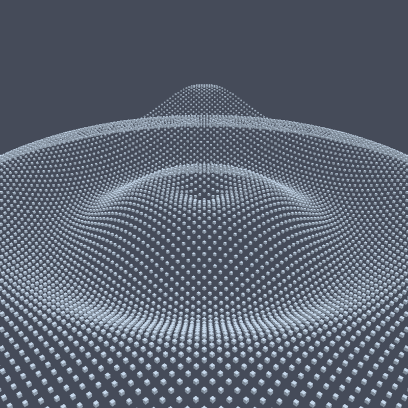 ‘A 100 by 100 grid of Lambert-shaded cubes under a sine wave’