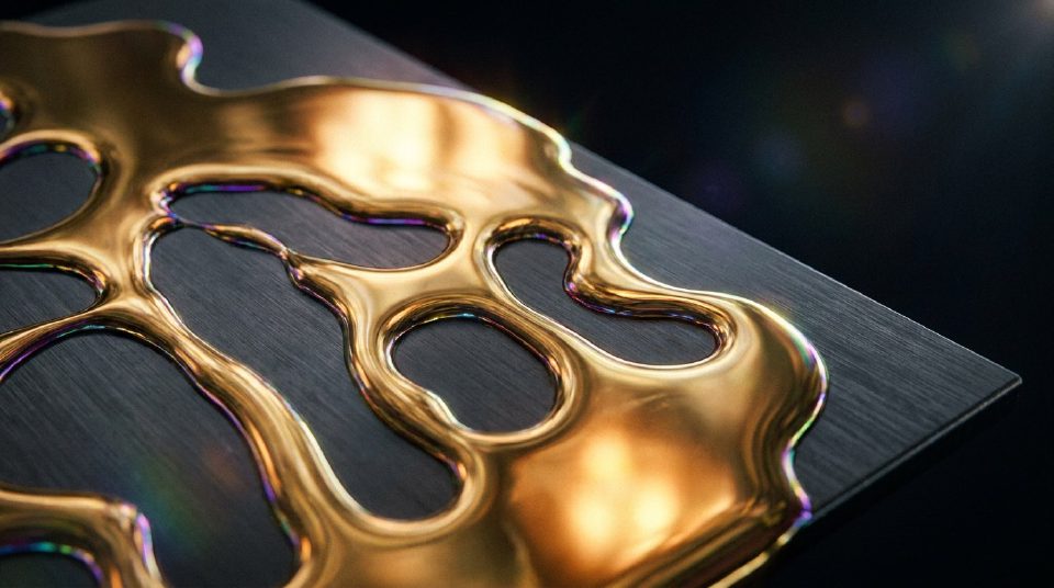 Molten gold flowing across dark brushed metal with iridescent edges